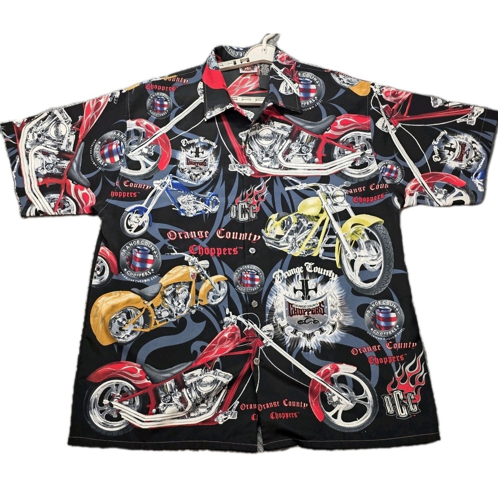 Vintage Orange County Choppers AOP Hawaiian Shirt Men's XL Black Motorcycle Y2K